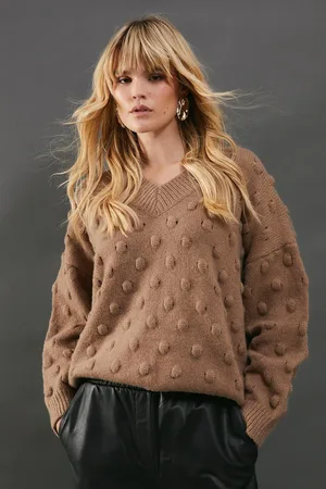 warehouse Bubble Knit Slouchy V Neck Jumper