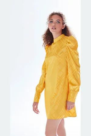 Liquorish Check Jacquard Mini Dress With High Neck & Puff Sleeve Details In Mustard