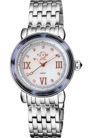 GV2 by Gevril Marsala Tortoise Swiss Quartz Diamonds Mother Of Pearl Dial SS Bracelet Watch