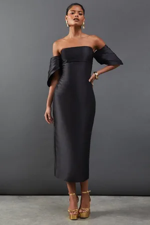 warehouse Structured Puff Sleeve Bardot Midi Dress