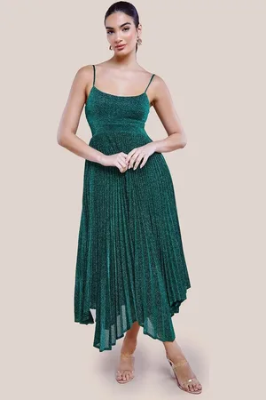 Goddiva Tie Back Pleated Lurex Skater Midi Dress
