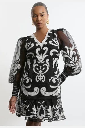 Karen Millen Plus Size Applique Organdie Buttoned Woven Mini Dress