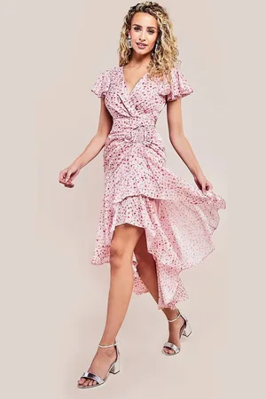 Goddiva Printed Wrap High And Low Midaxi Dress