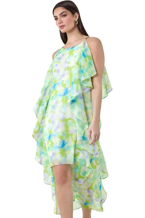 Ariella Abstract Chiffon Ruffle Detail Midi Dress