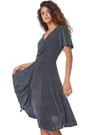 Roman Shimmer Ruched Skater Stretch Dress