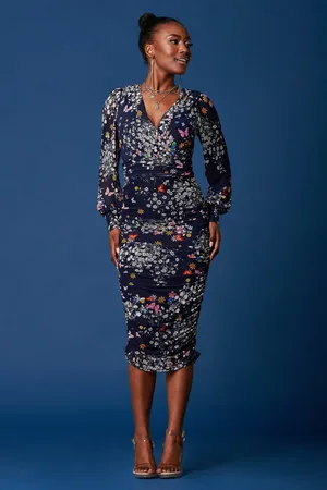 Jolie Moi Long Sleeve Ruched Mesh Midi Dress