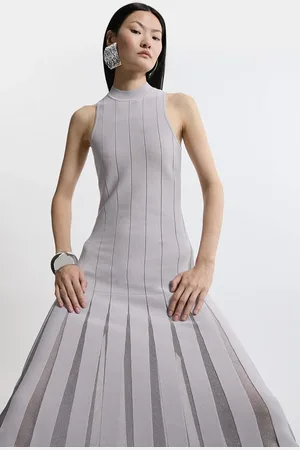 Karen Millen Viscose Blend Sheer Detail Full Skirt Knit Midi Dress