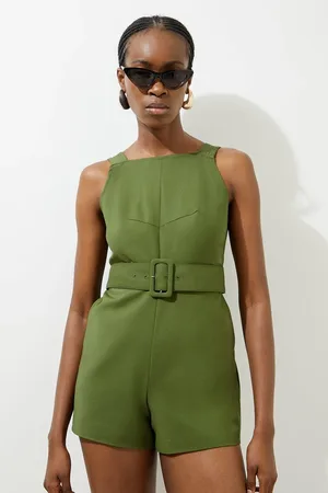 Karen Millen Petite Cotton Sateen Utility Woven Belted Strappy Playsuit