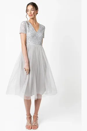 Maya Deluxe Short Sleeve V Neck Embellished Midi Dress