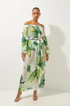 Karen Millen Tropical Palm Print Beach Off The Shoulder Maxi Dress