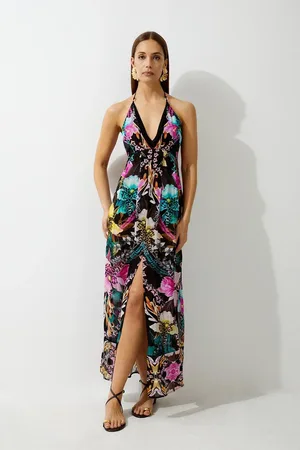 Karen Millen Mirrored Tropical Viscose Georgette Strappy Beach Dress