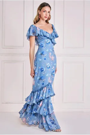 Goddiva Floral Printed Chiffon Ruffle Maxi