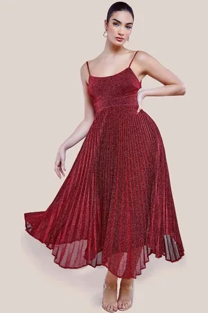 Goddiva Tie Back Pleated Lurex Skater Midi Dress