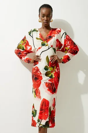Karen Millen Printed Morocain Woven V Neck Midaxi Dress