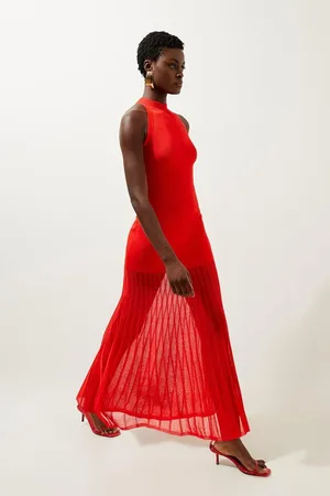 Karen Millen Viscose Blend Knit Halter Neck Sheer Skirt Midaxi Dress