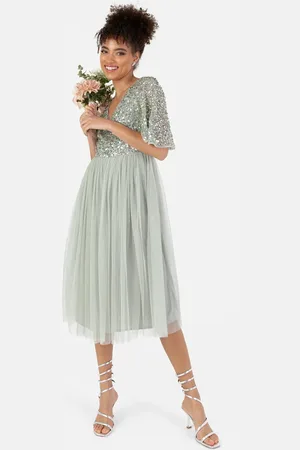 Maya Deluxe Short Flutter Sleeve Embellished Midi Dress