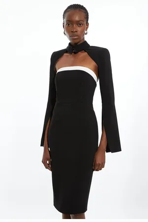 Karen Millen The Founder Petite Compact Stretch Viscose Tailored Contrast Detail Bandeau Midi Dress