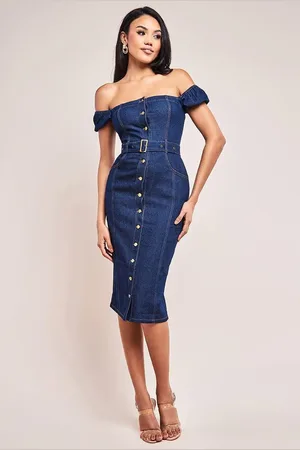 Goddiva Denim Button Down Bodycon Bardot Midaxi Dress