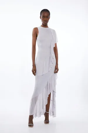 Karen Millen Slinky Knit Woven Mix Ruffle Maxi Dress