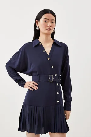 Karen Millen Jersey And Georgette Mix Belted Pleat Mini Dress