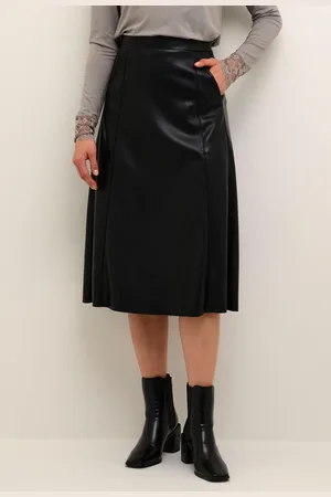 Cream Ariana Faux Leather A-Line Fit Skirt-Plain