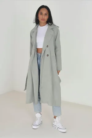 Brave Soul Double-Breasted Longline Trench Coat with Raglan Sleeves