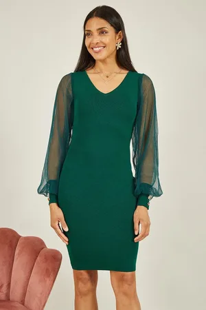 Yumi Knitted Body Con Dress With Chiffon Sleeve