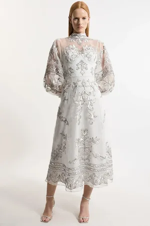 Karen Millen Baroque Organdie Applique Buttoned Woven Maxi Dress