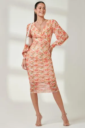 Jolie Moi Long Sleeve Ruched Mesh Midi Dress