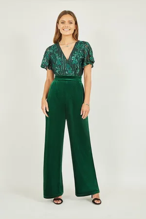 Yumi Sequin Embellished Velvet Jumpsuit With Angel Sleeves