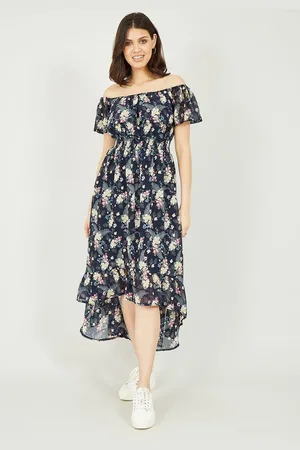 Mela Tropical Printed Dipped Hem Bardot Dress
