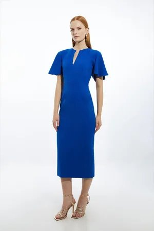 Karen Millen Structured Crepe Ruffle Sleeve Tailored Midi Pencil Dress