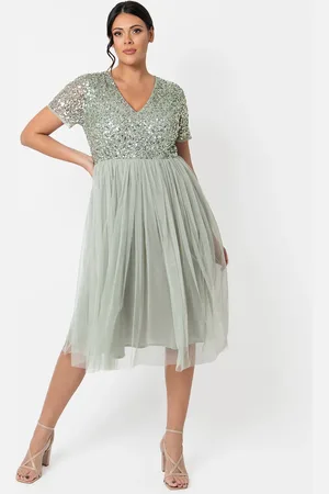 Maya Deluxe Short Sleeve V Neck Embellished Midi Dress
