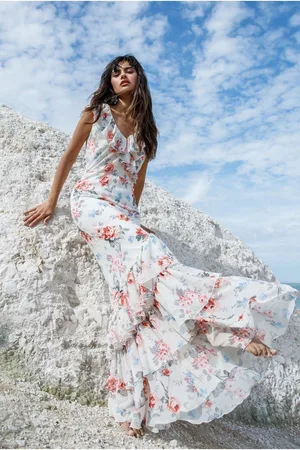 Goddiva Floral Printed Chiffon Ruffle Maxi