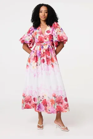 Izabel London Floral Print 1/2 Angel Sleeve Midi Dress