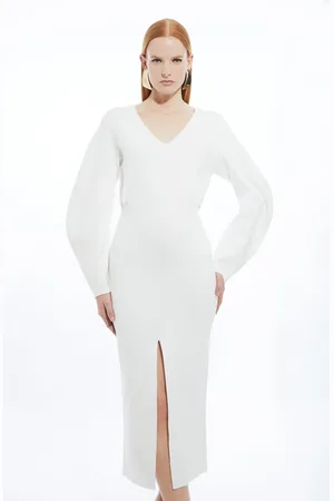 Karen Millen Compact Wool Look V Neck Round Sleeve Knit Midi Dress