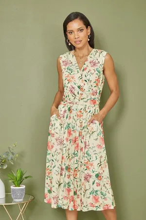 Yumi Floral Print Mesh Stretch Midi Dress With Pockets