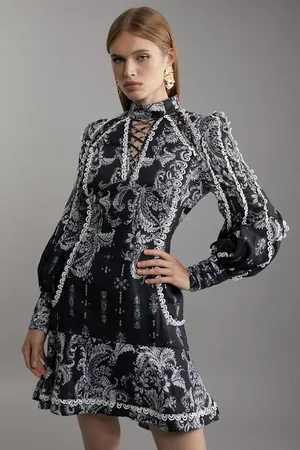 Karen Millen Mono Floral Woven High Neck Mini Dress
