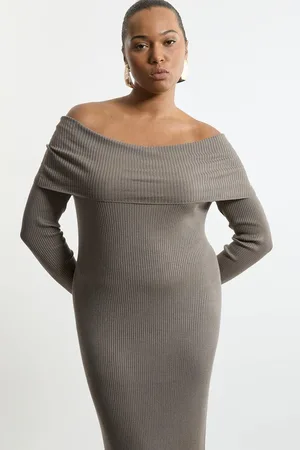 Karen Millen Plus Size Viscose Blend Rib Detail Bardot Knit Midi Dress