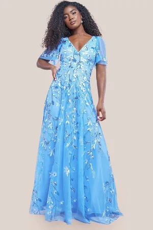 Goddiva Flared Sleeve Embroidered Maxi Dress