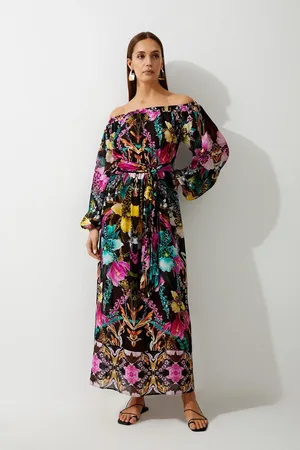 Karen Millen Mirrored Tropical Viscose Georgette Bardot Beach Maxi Dress