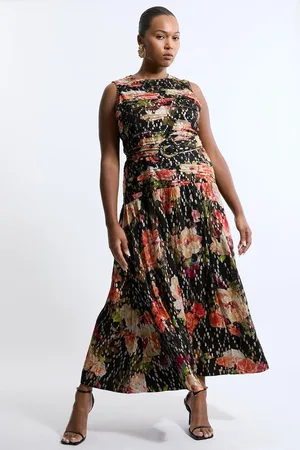 Karen Millen Plus Size Floral Printed Viscose Metallic Thread Beaded Woven Midaxi Dress
