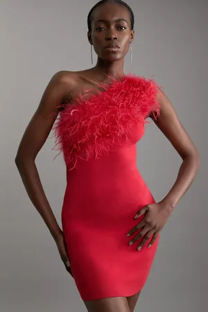 Karen Millen One Shoulder Feather Detail Viscose Blend Knit Mini Dress