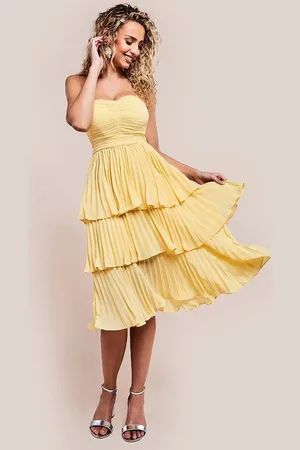 Goddiva Pleated Bandeau Bodice Chiffon Tiered Midi