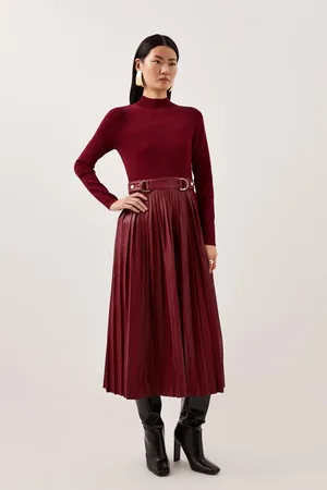 Karen Millen Pu Knit Pleated Skirt Midi Dress