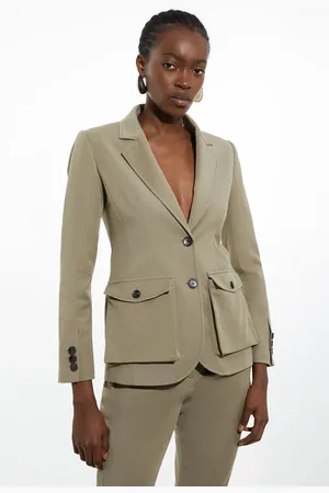 Karen Millen Tailored Cotton Stretch Pocket Detail Belted Tailored Blazer