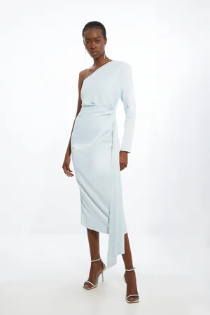 Karen Millen Satin Back Crepe One Shoulder Drape Midi Dress