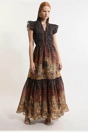 Karen Millen Petite Printed Paisley Print Cotton Woven Maxi Dress