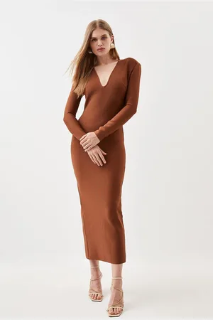 Karen Millen Bandage Form Fitting Deep V-Neck Midi Knit Dress