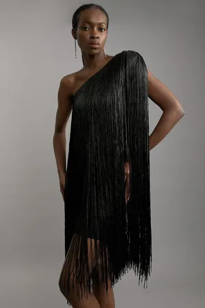 Karen Millen Figure Form Bandage One Shoulder Fringe Mini Knit Dress